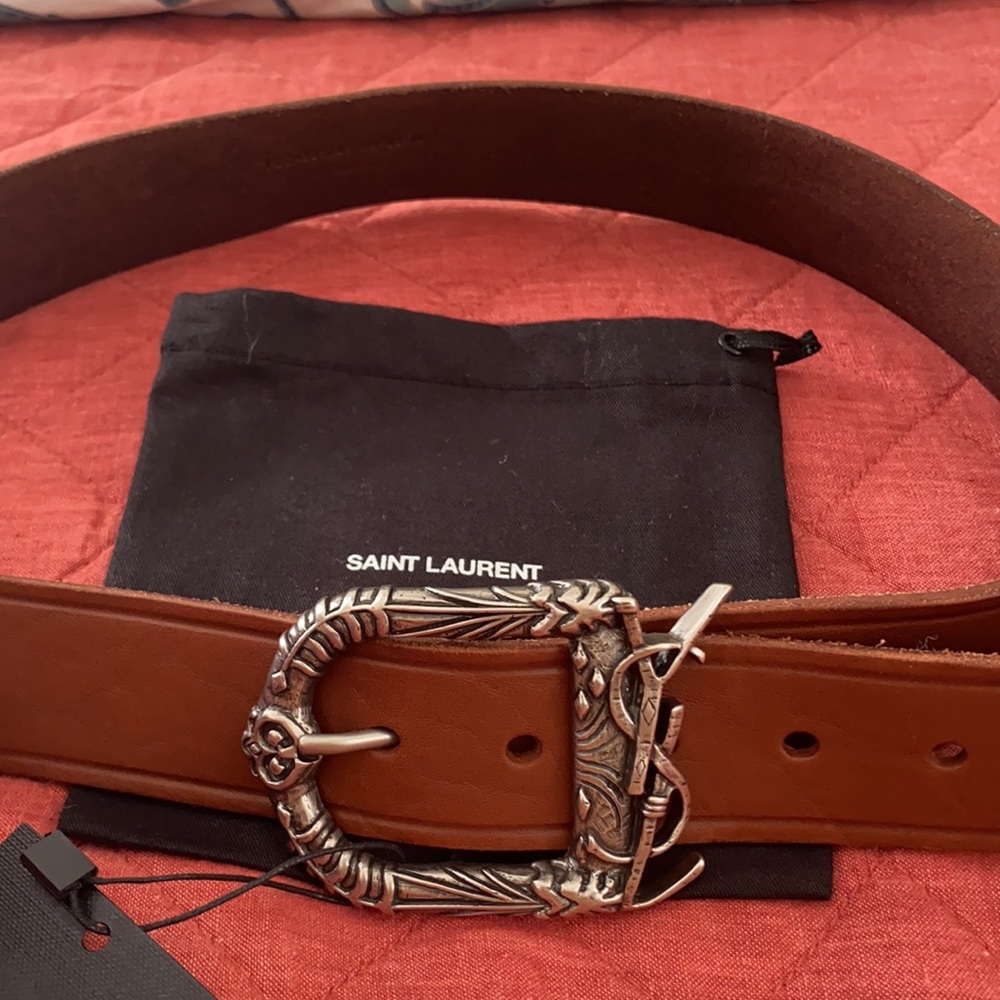 Authentic Saint Laurent Brown Leather Belt with Ornate Silver Buckle